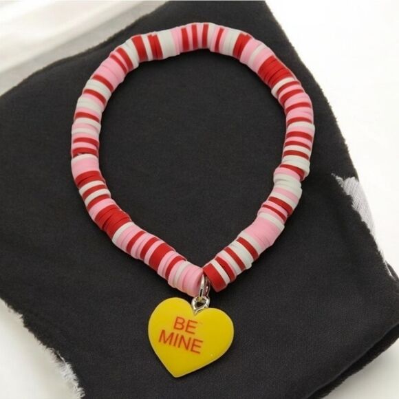 Candy Heart Be Mine Charm Bracelet Chalky Yellow Valentine's Sweetheart Message - Picture 1 of 2